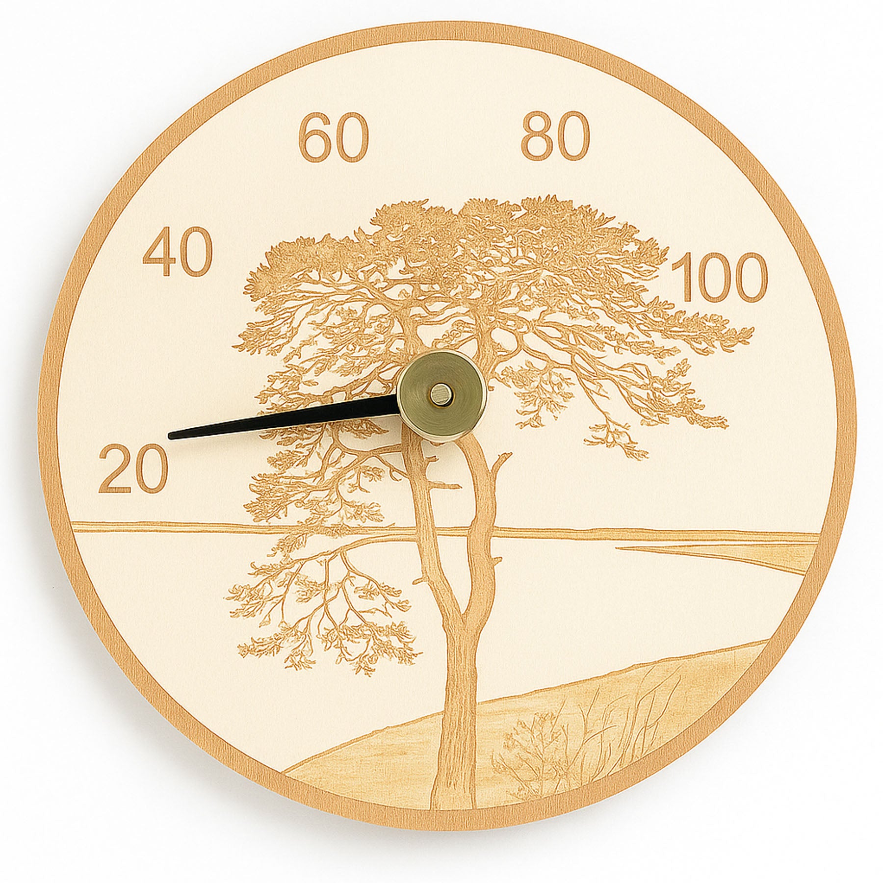Wooden thermometer with tree design on a white background
