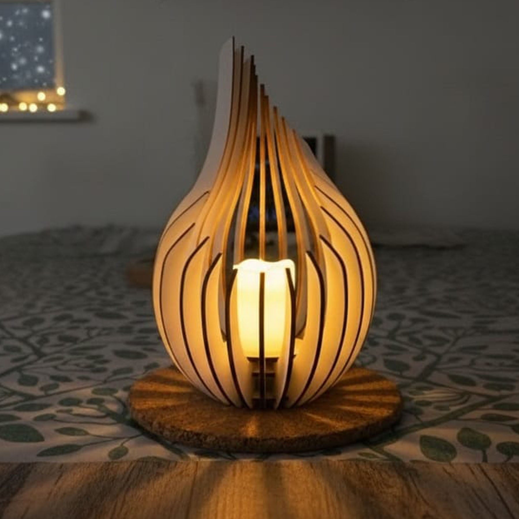 Wooden lamp with a unique design on a table