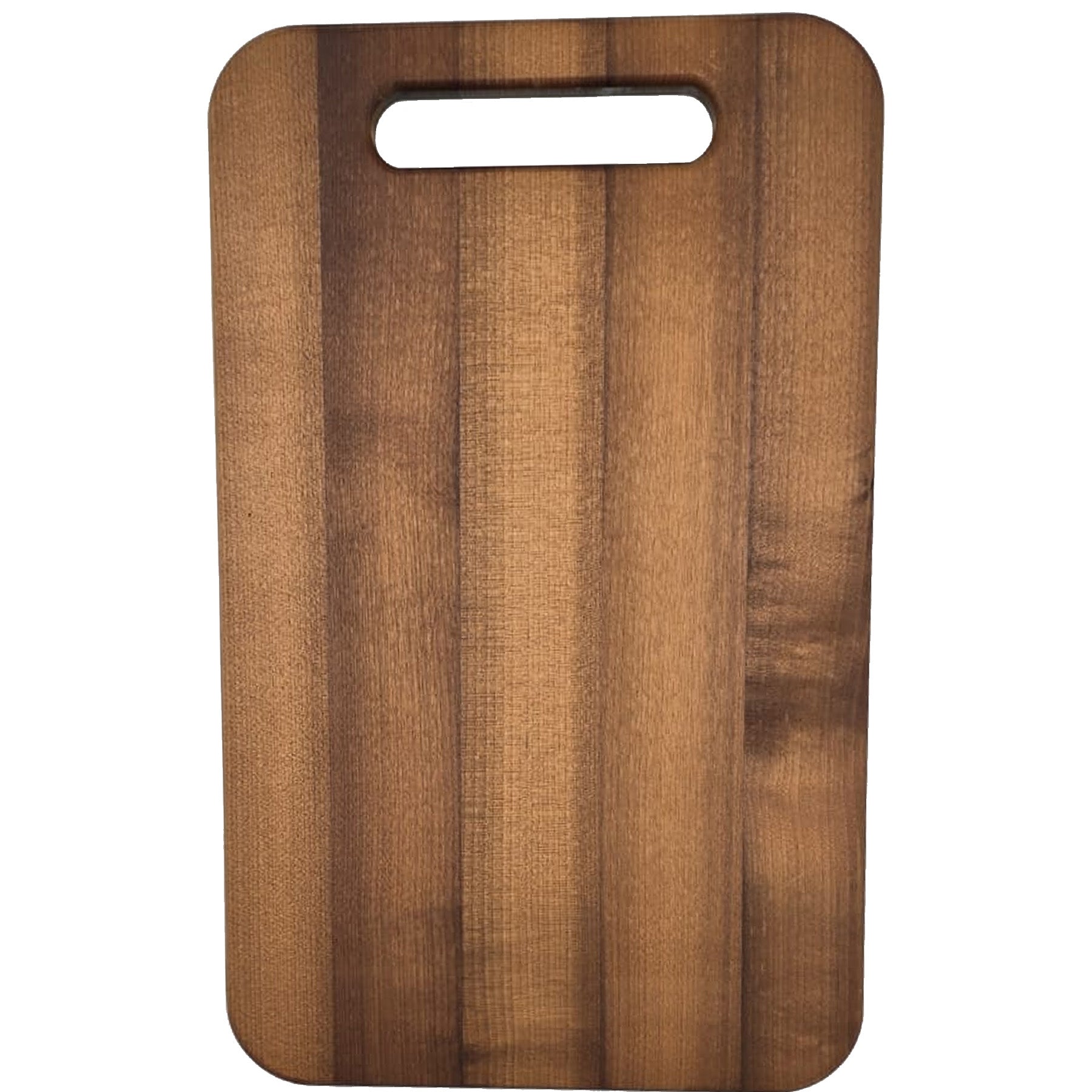 A rectangular, brown wooden cutting board with a handle.