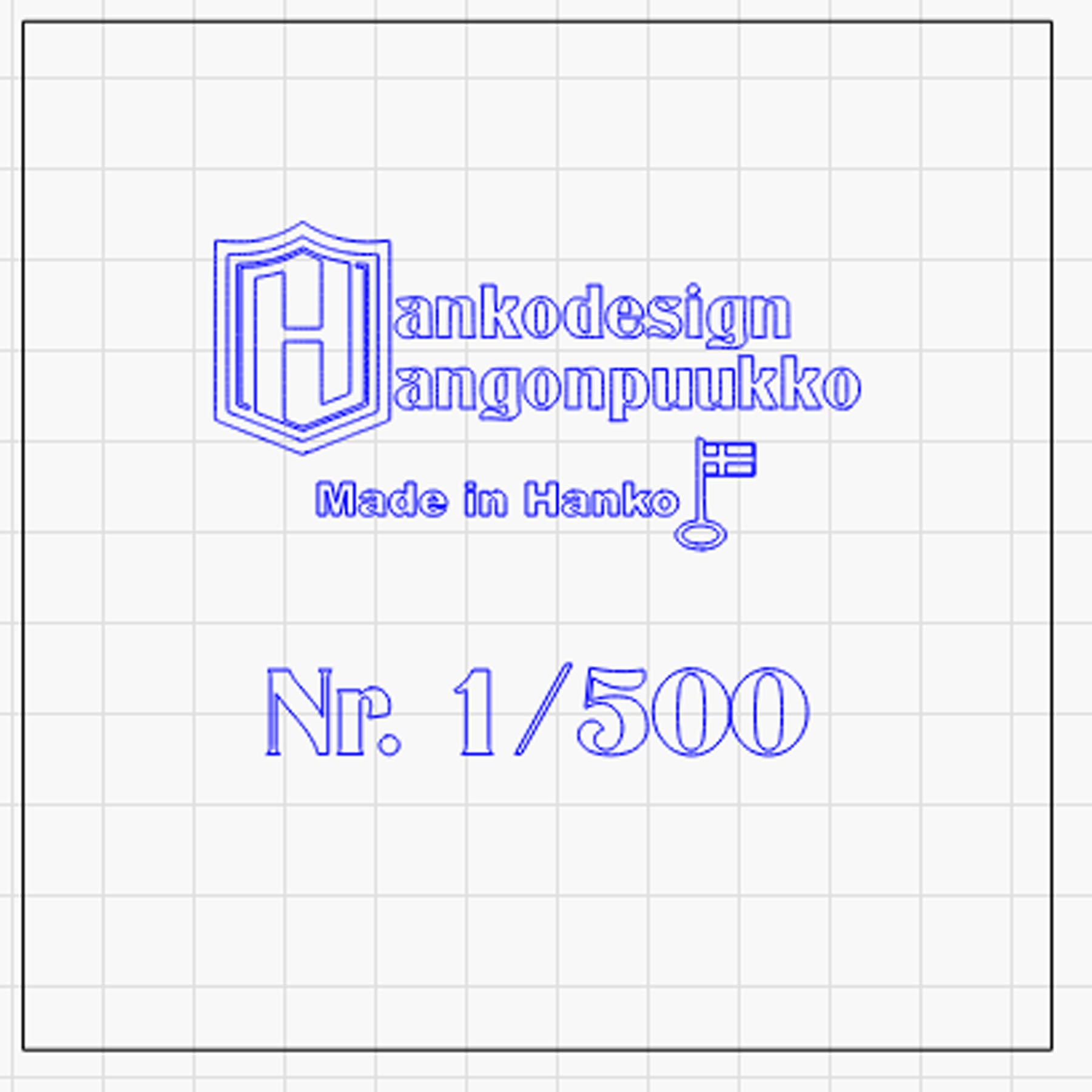 Blue text and logo on a grid background with 'Made in Hanko' and product number 'Nr. 1/500'.