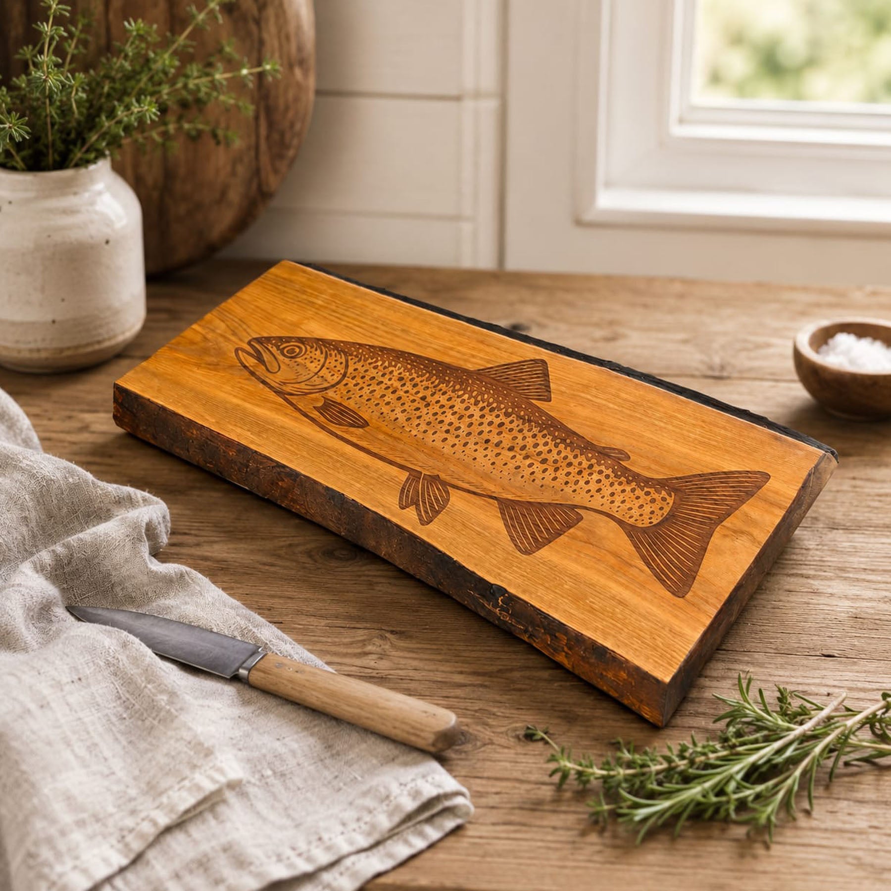 Elm wood serving board with engraved fish design, natural rustic edge and optional handle accessory, approx. 600 x 250 x 28 mm.
Serveringsbräda i almträ med graverad fisk, naturlig rustik kant och valfritt handtagstillbehör, ca 600 x 250 x 28 mm.
Jalavapuinen tarjoilulauta kaiverretulla kalakuviolla, luonnollinen rustiikkinen reuna ja valinnainen kahvalisäosa, noin 600 x 250 x 28 mm.