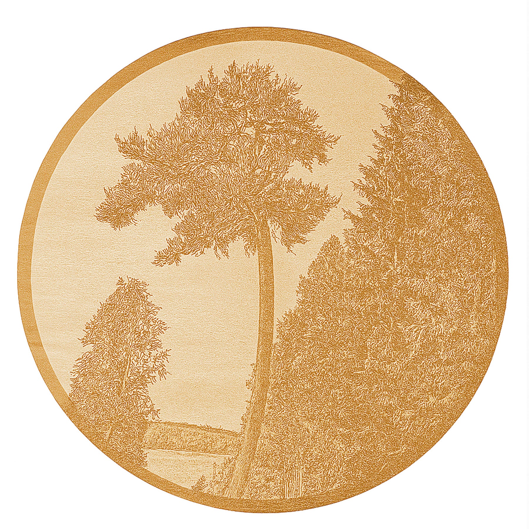 Circular wooden coaster with engraved trees on a beige background