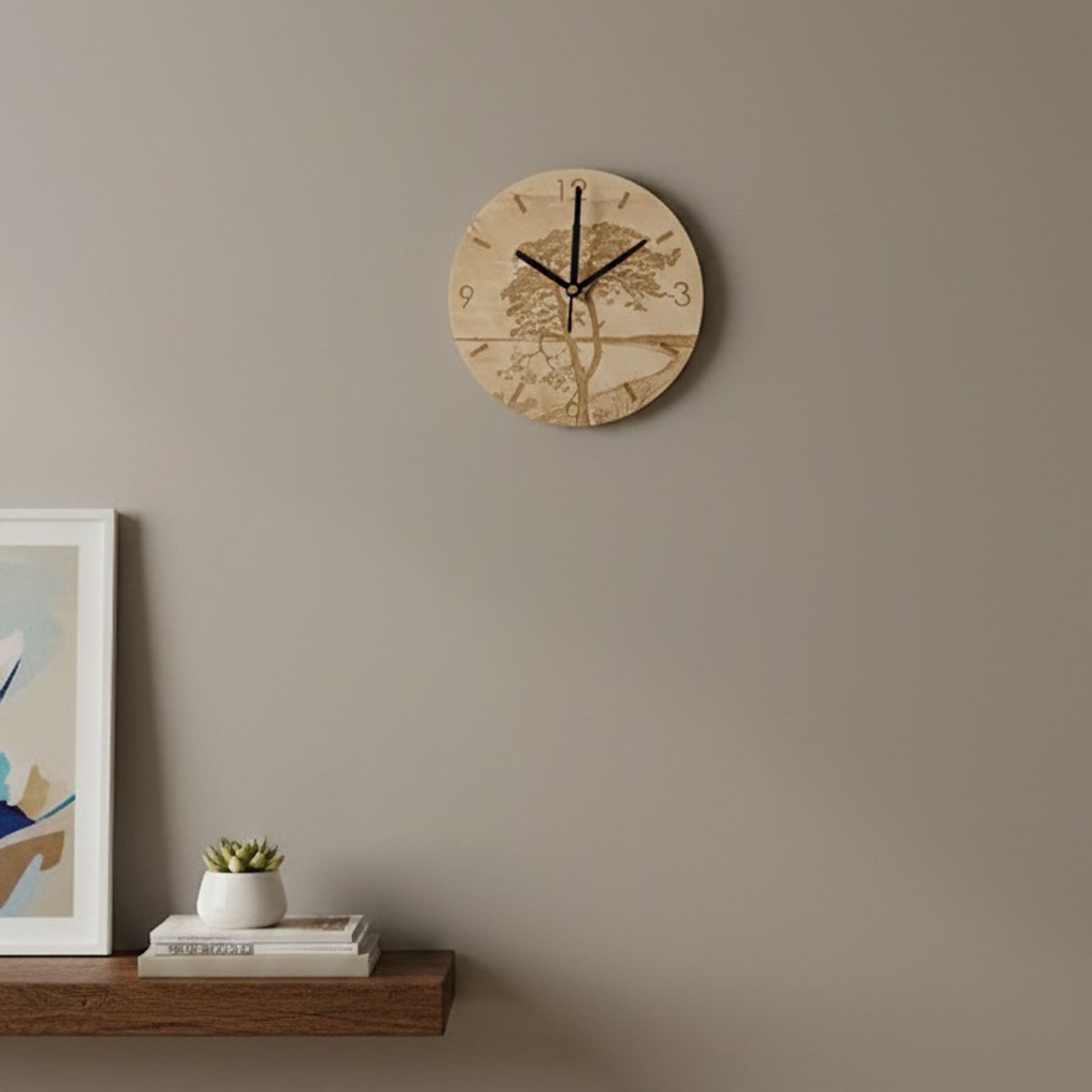 Tullis Clock with Hanko seaside artwork, Scandinavian beach-style wooden wall clock inspired by the Tullis poster, perfect for modern home decor.