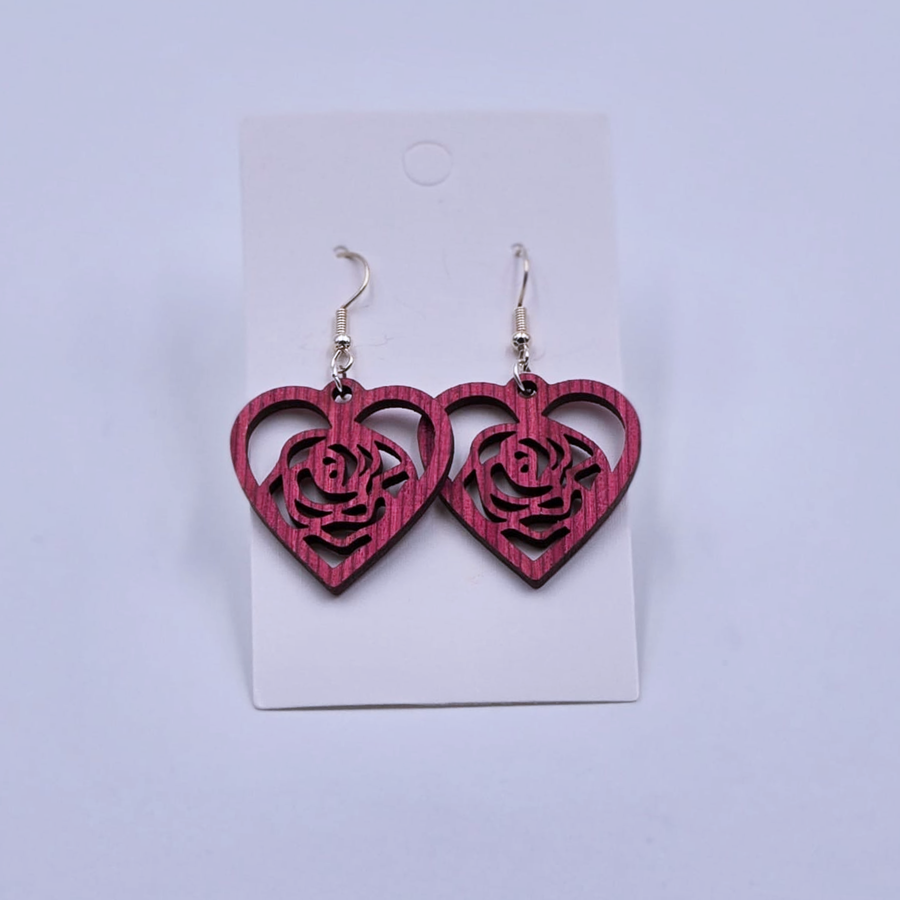 Rose heart wooden earrings, red laser cut veneer, 28 mm, handcrafted by Hangonpuukko
