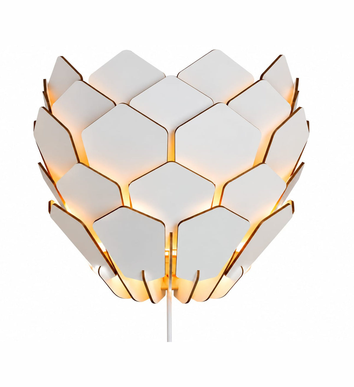 A modern hexagonal pendant light fixture with a white petal-like shade design and warm yellow glow, shown against a solid white background.