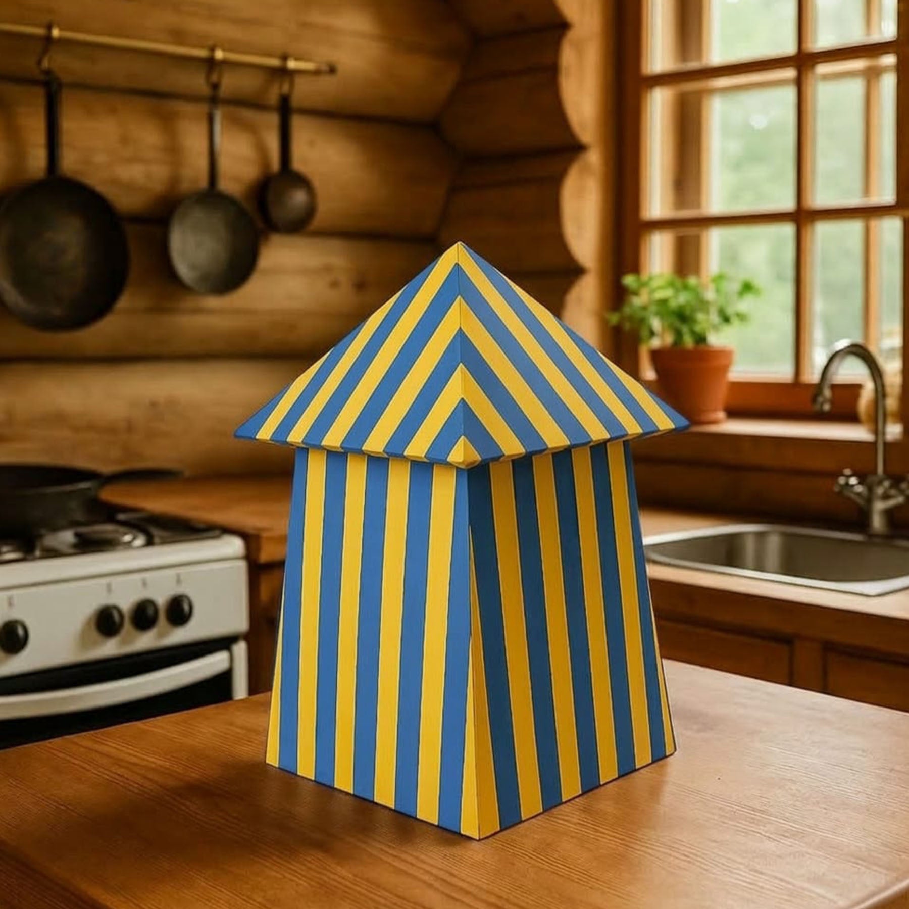 A handcrafted wooden miniature of a traditional Hanko beach hut, painted in blue and white stripes, symbolizing the seaside culture and summer atmosphere of Hanko, Finland – made by Hangonpuukko / HankoDesign.